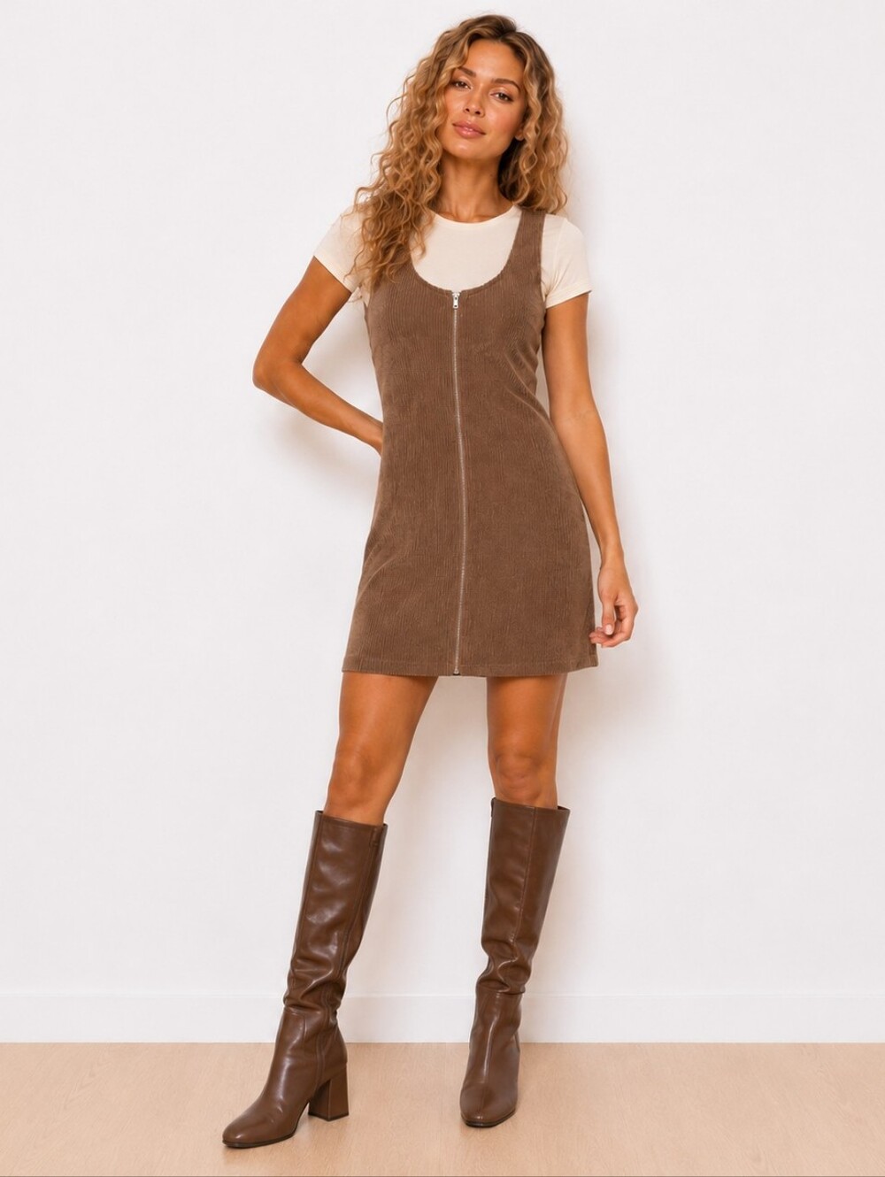 Brown Corduroy Zip Front Mini Jumper Dress Size M 90s Y2K